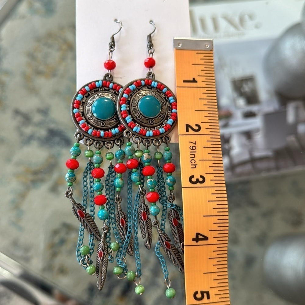 Turquoise and Feather Dangle Earrings - Picture 6 of 9